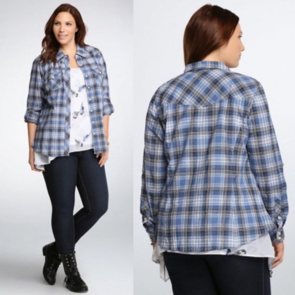 TORRID PLUS 1X BLUE BUTTON DOWN PLAID CAMP SHIRT TOP